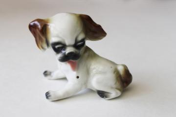 catalog photo of bug eyed little dog china figurine vintage Japan, itchy puppy crazy chasing a fly