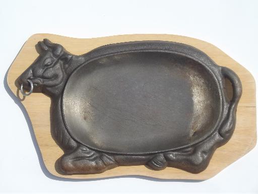 photo of bull cow sizzling steak metal grill plates set, vintage 70s or 80 #3