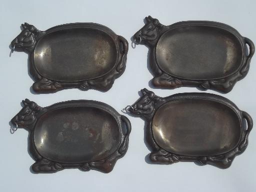 photo of bull cow sizzling steak metal grill plates set, vintage 70s or 80 #5