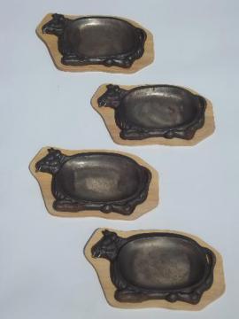 catalog photo of bull cow sizzling steak metal grill plates set, vintage 70s or 80