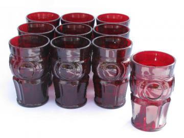 catalog photo of bullseye mod dots pattern glass tumblers, vintage Wheaton, 10 ruby red glasses