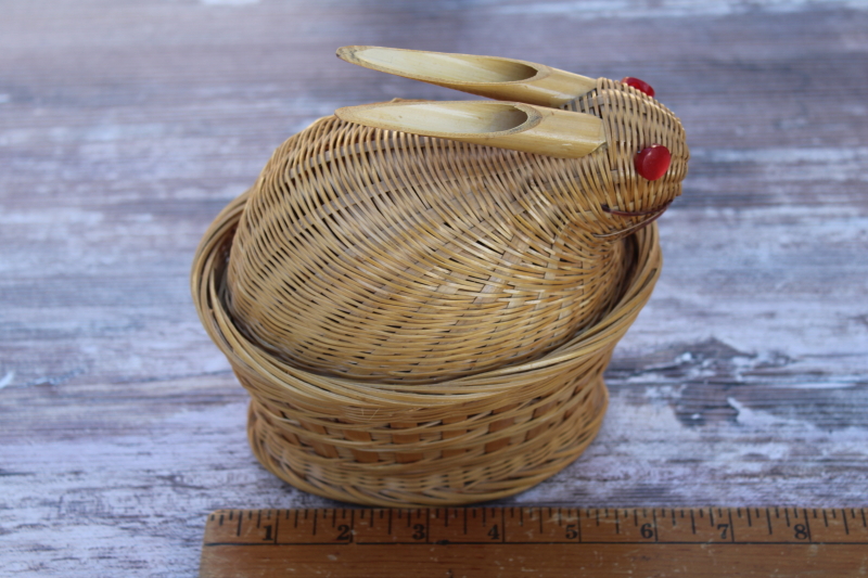 photo of bunny rabbit on nest figural covered basket, vintage handmade woven bamboo basket #3