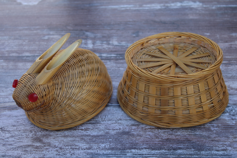 photo of bunny rabbit on nest figural covered basket, vintage handmade woven bamboo basket #5