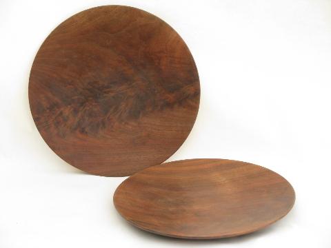 photo of burl wood black walnut plates, vintage handmade Wisconsin woodenware #1