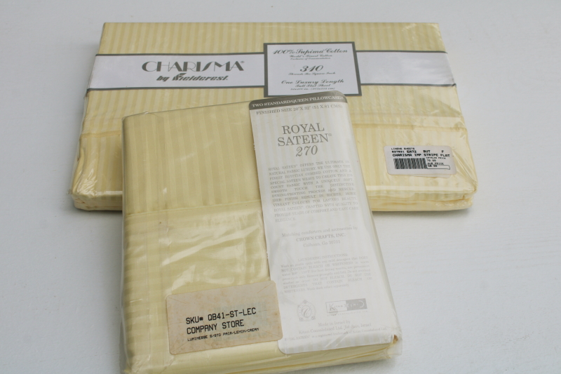 photo of butter yellow satin stripe pima cotton sheet & pillowcases sealed packages 1990s vintage The Company Store  #5