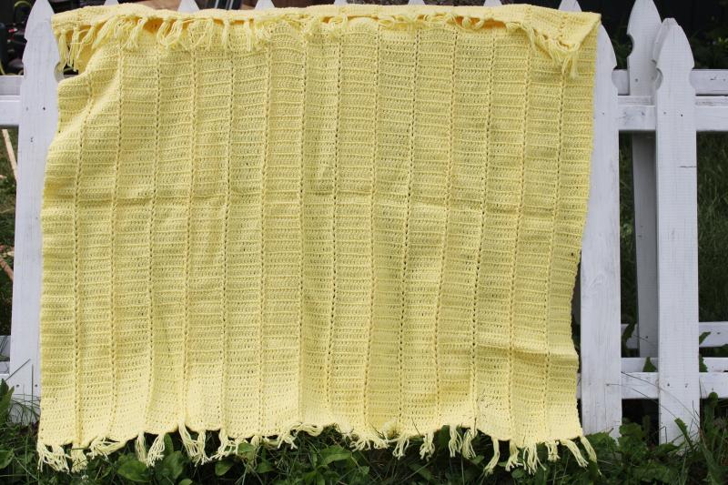 photo of butter yellow soft acrylic afghan, handmade crochet fringed throw blanket #1