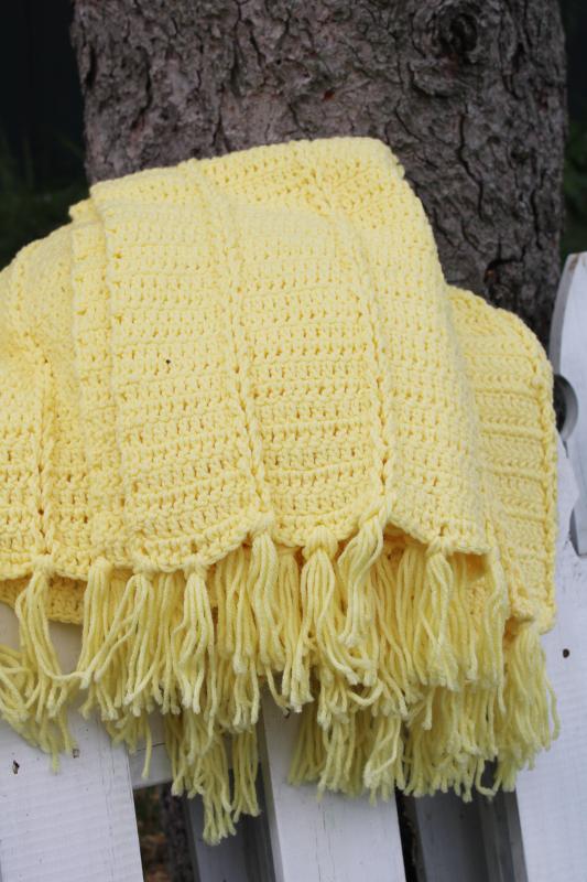 photo of butter yellow soft acrylic afghan, handmade crochet fringed throw blanket #4