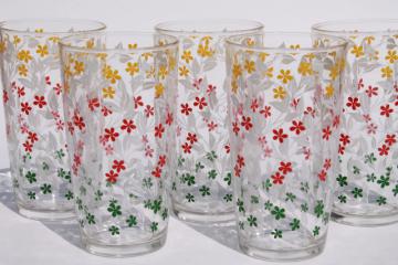 catalog photo of calico print vintage glass tumblers, swanky swig drinking glasses w/ all over flowers