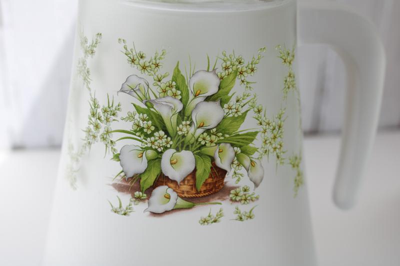 photo of calla lilies print frosted glass pitcher, KIG Indonesia modern vintage glass #2