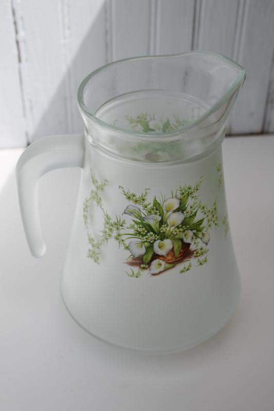 photo of calla lilies print frosted glass pitcher, KIG Indonesia modern vintage glass #3