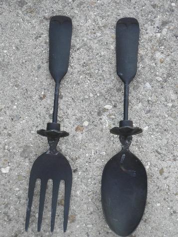 photo of candle sconce pair, large fork & spoon, vintage cast metal wall sconces #1