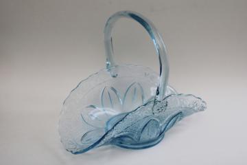 capri blue glass brides basket, vintage Princess House sandwich pattern glass