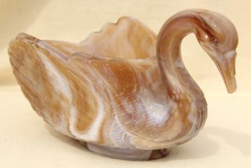 caramel brown slag glass swan dish, vintage Imperial glass figural bowl