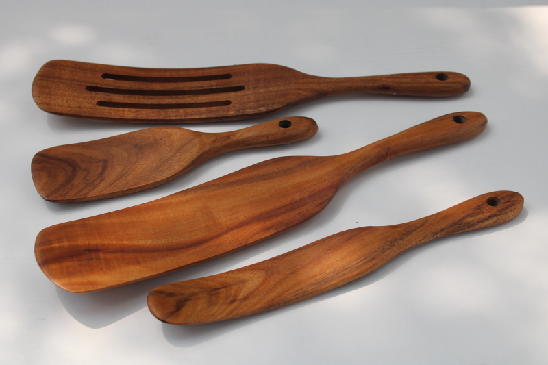 photo of carved acacia wood kitchen utensils, modern farmhouse style spurtles or stirrers, slotted spoon #1