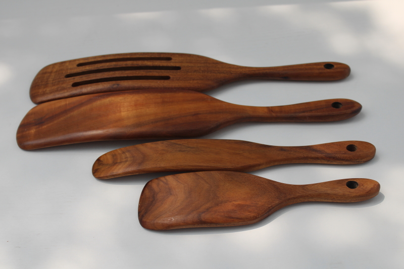 photo of carved acacia wood kitchen utensils, modern farmhouse style spurtles or stirrers, slotted spoon #2