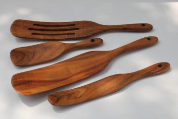 catalog photo of carved acacia wood kitchen utensils, modern farmhouse style spurtles or stirrers, slotted spoon