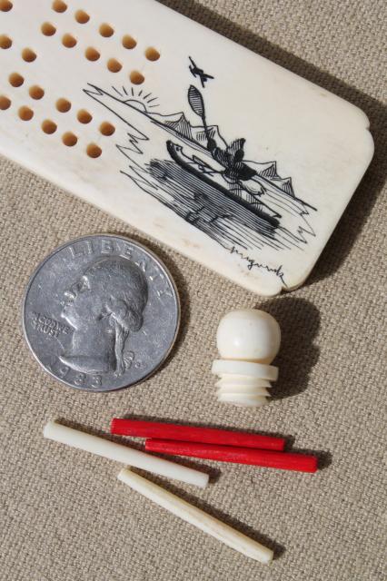 photo of carved bone cribbage board, signed scrimshaw style art souvenir of Alaska #3