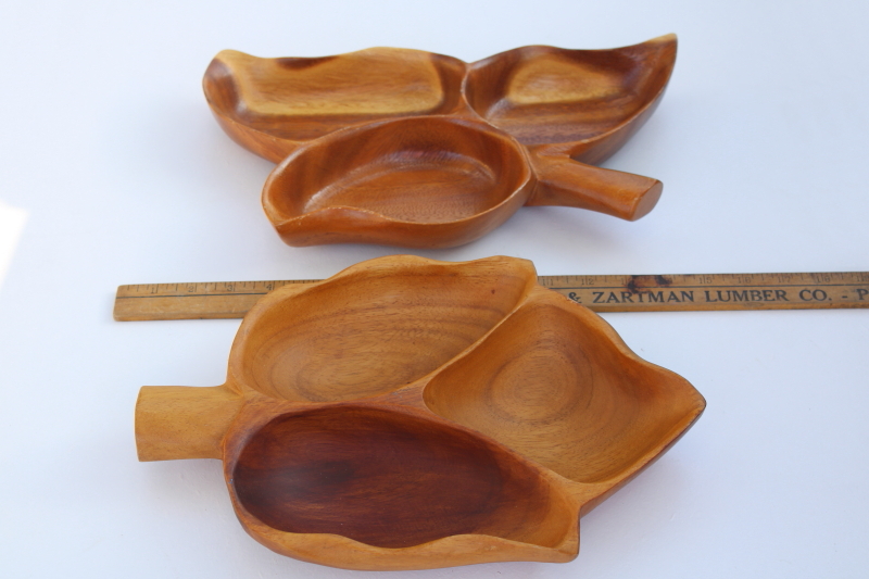 photo of carved monkey pod wood bowls w/ vintage Hawaii labels, large leaf shape salad bowl & snack bowls #7