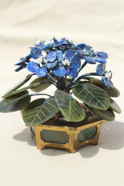 photo of carved stone flower, african violet semi-precious gemstone blue sodalite & green jade #1