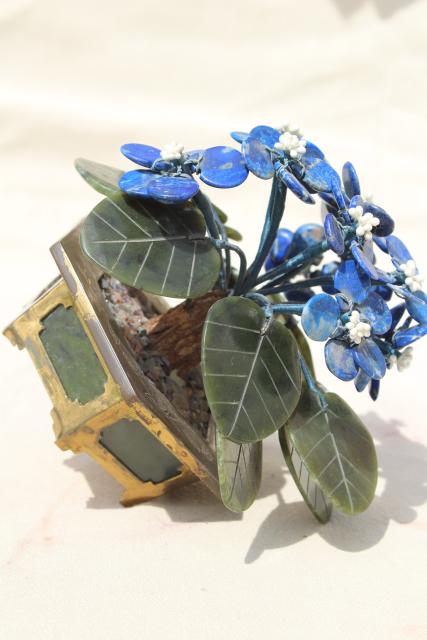 photo of carved stone flower, african violet semi-precious gemstone blue sodalite & green jade #4