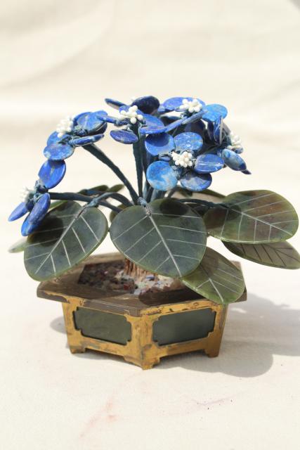 photo of carved stone flower, african violet semi-precious gemstone blue sodalite & green jade #6