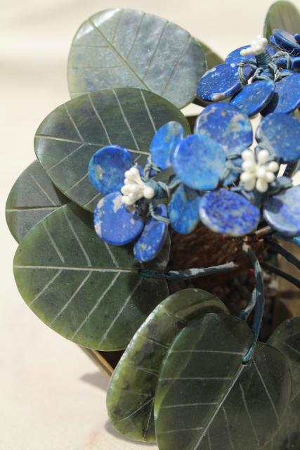 photo of carved stone flower, african violet semi-precious gemstone blue sodalite & green jade #9