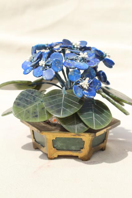 photo of carved stone flower, african violet semi-precious gemstone blue sodalite & green jade #10