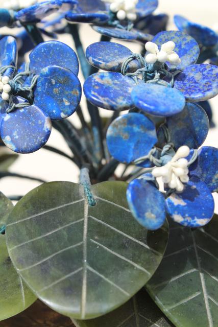 photo of carved stone flower, african violet semi-precious gemstone blue sodalite & green jade #11