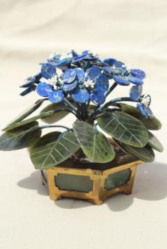 catalog photo of carved stone flower, african violet semi-precious gemstone blue sodalite & green jade