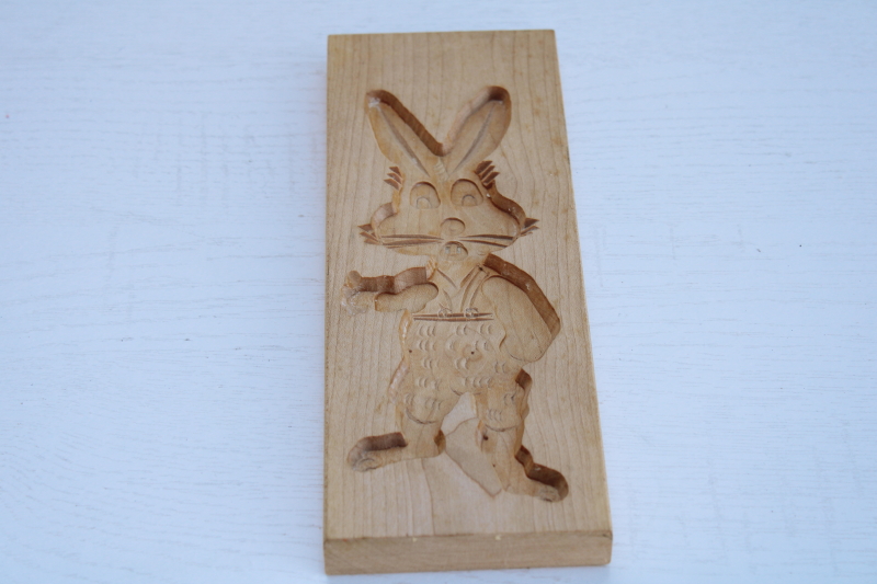 photo of carved wood cookie mold, large Easter bunny rabbit, vintage folk art style #1