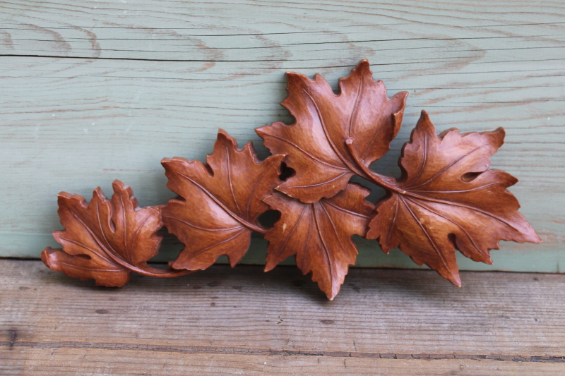 photo of carved wood look autumn leaves vintage Syroco plastic wall art, brown maple leaf plaque #1