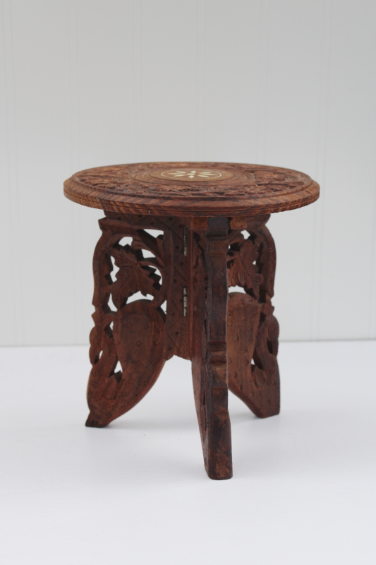 photo of carved wood mini table plant stand made in India, trivet top w/ folding base, vintage boho decor #1