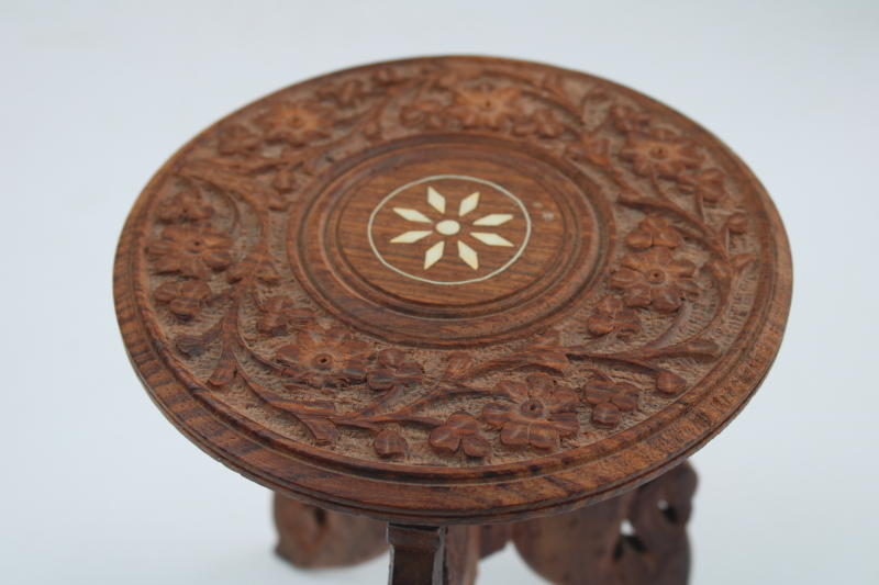 photo of carved wood mini table plant stand made in India, trivet top w/ folding base, vintage boho decor #2