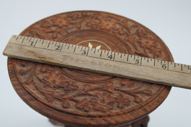 photo of carved wood mini table plant stand made in India, trivet top w/ folding base, vintage boho decor #3