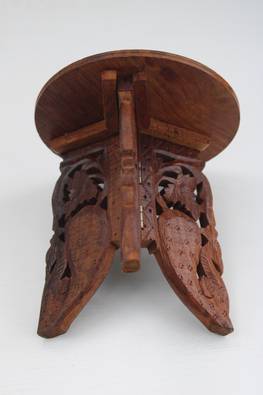 photo of carved wood mini table plant stand made in India, trivet top w/ folding base, vintage boho decor #4