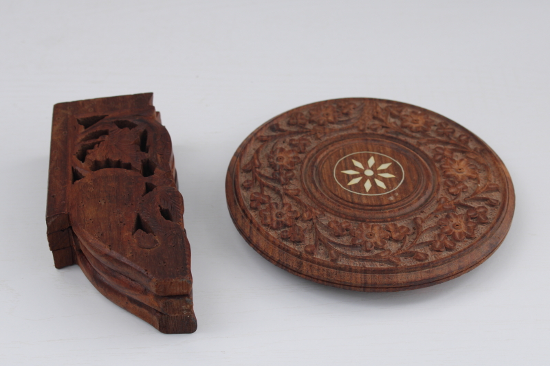 photo of carved wood mini table plant stand made in India, trivet top w/ folding base, vintage boho decor #6