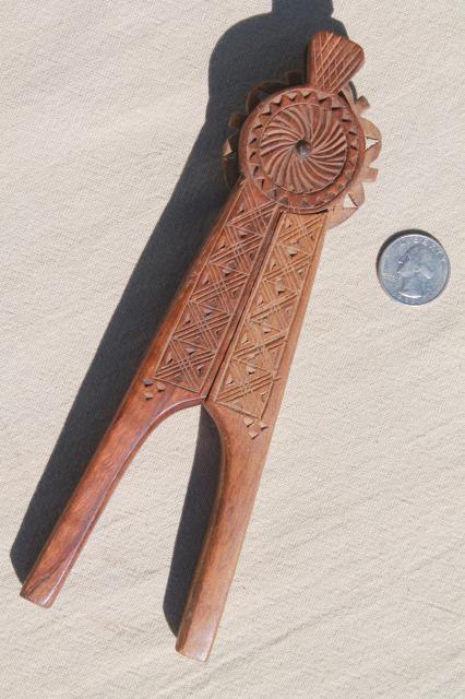 photo of carved wood nutcracker from Russia or eastern Europe, wooden nut cracker w/ chip carving #1