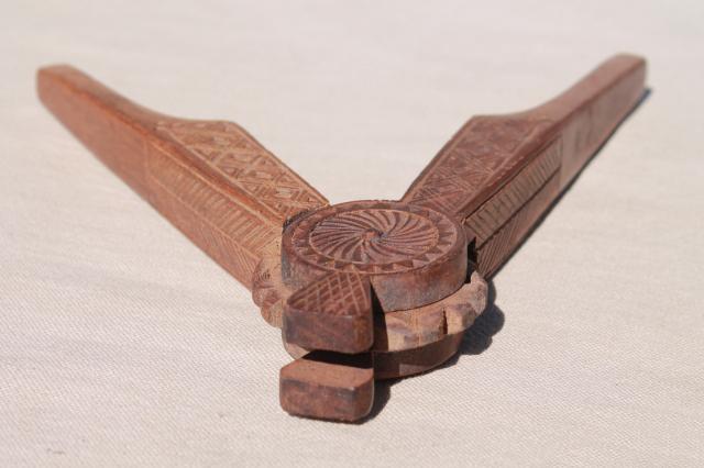 photo of carved wood nutcracker from Russia or eastern Europe, wooden nut cracker w/ chip carving #3