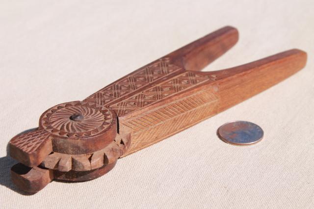 photo of carved wood nutcracker from Russia or eastern Europe, wooden nut cracker w/ chip carving #5