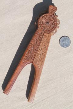 catalog photo of carved wood nutcracker from Russia or eastern Europe, wooden nut cracker w/ chip carving