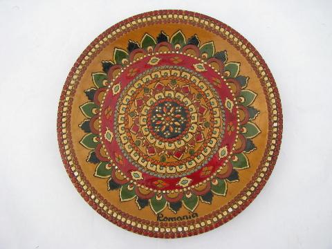 photo of carved wood plate w/ mosaic design in painted enamel, hand made in Romania #1