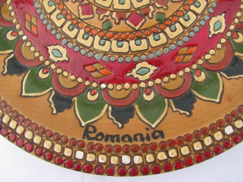 photo of carved wood plate w/ mosaic design in painted enamel, hand made in Romania #2