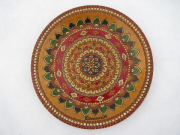 catalog photo of carved wood plate w/ mosaic design in painted enamel, hand made in Romania