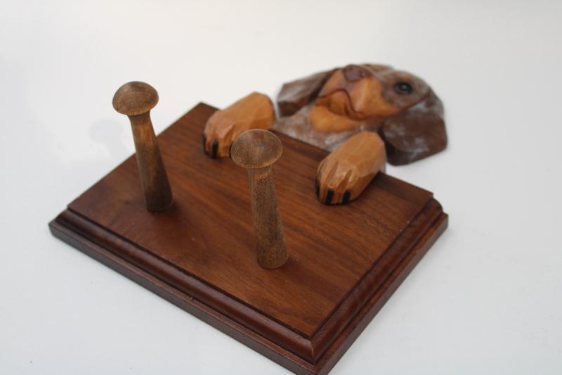 photo of carved wood wall rack beagle dog peg board to hold leashes or walking gear #3