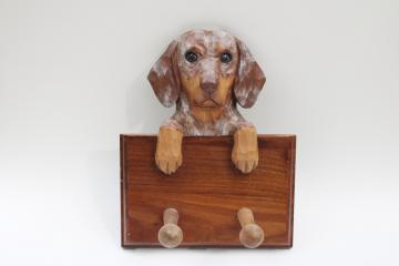 catalog photo of carved wood wall rack beagle dog peg board to hold leashes or walking gear