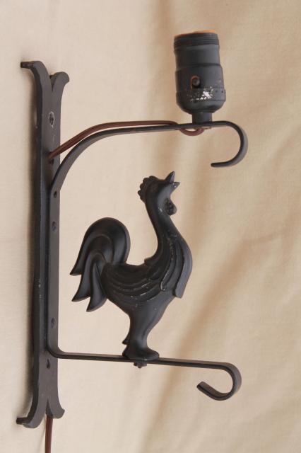 photo of cast iron all metal rooster wall mount lamp, 40s - 50s vintage pin-up type light #2
