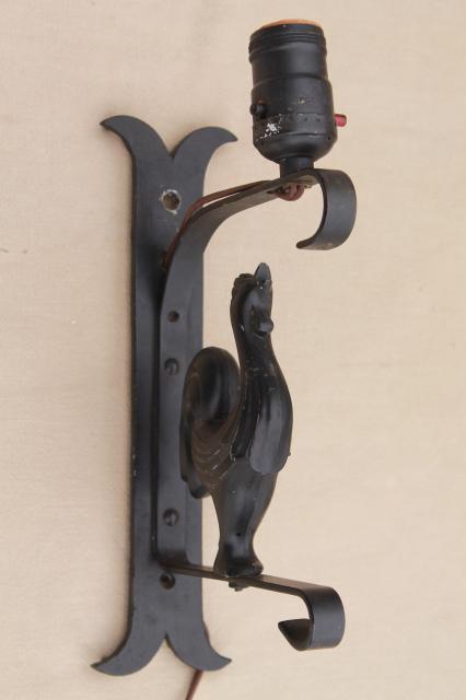 photo of cast iron all metal rooster wall mount lamp, 40s - 50s vintage pin-up type light #4