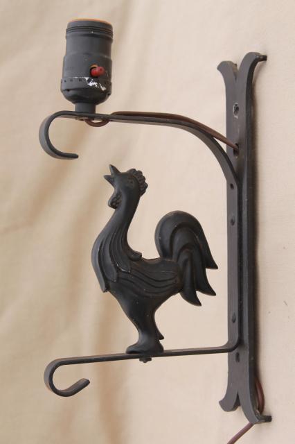 photo of cast iron all metal rooster wall mount lamp, 40s - 50s vintage pin-up type light #5