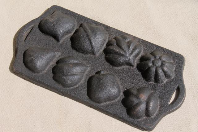 photo of cast iron maple sugar mold for making tiny leaves, acorns, pumpkins, fall fruit #5