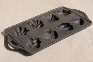 catalog photo of cast iron maple sugar mold for making tiny leaves, acorns, pumpkins, fall fruit